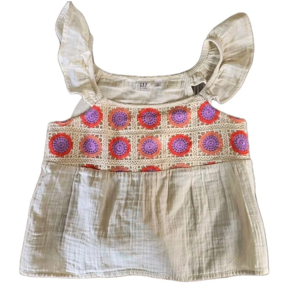 Gap Kids Girls XL‎ 12-14 Beige Gauze Tank Top Crochet Floral Flutter Sleeve Boho